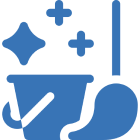 Cleaning tools icon with sparkles, blue.